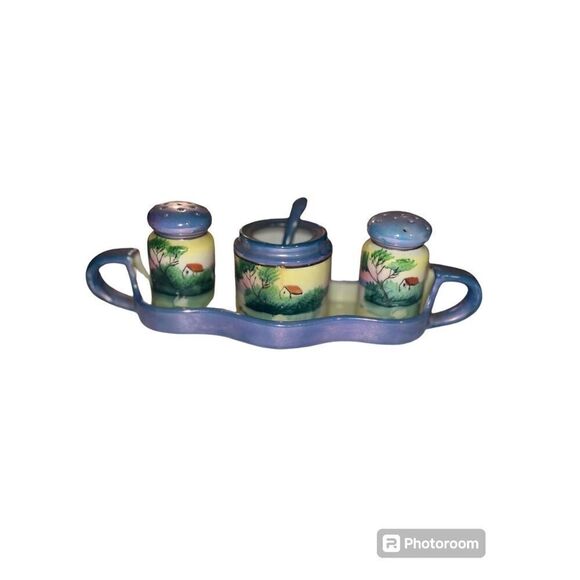 Vintage Lusterware condiment set. Made In Japan Blue Lusterware SP tray spn - Picture 7 of 11
